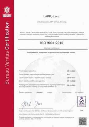 ISO 9001 certifikat LAPP Slovenija